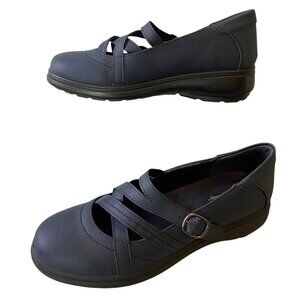 Easy Street Navy Leather Comfort Mary Jane Shoes Buckle Strap Cushioned 7.5 WW